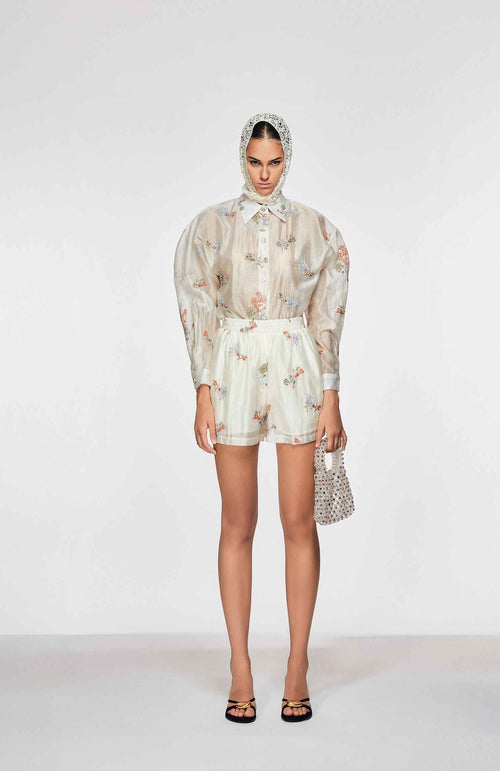 Oui Odile Gaia cream sheer organza shirt and shorts co-ord set with pastel floral embroidery