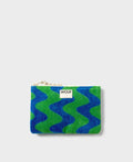 Green and blue patterned pouch with 'WOOF' label on a light gray background