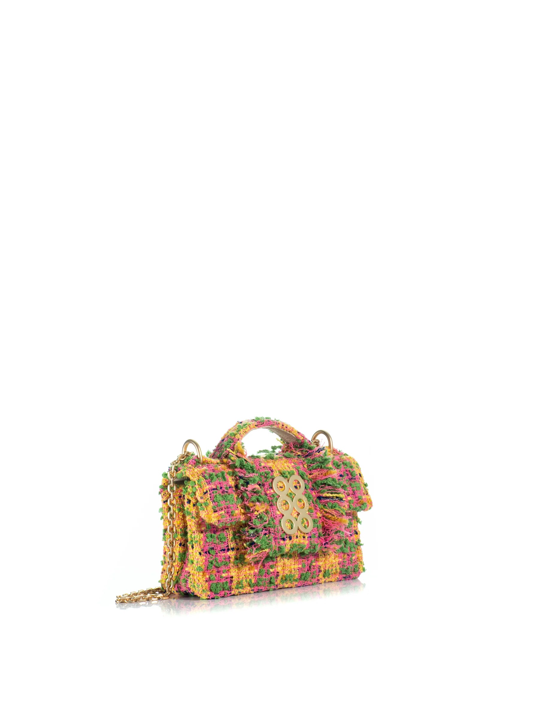 Multicolored textured handbag on a white background