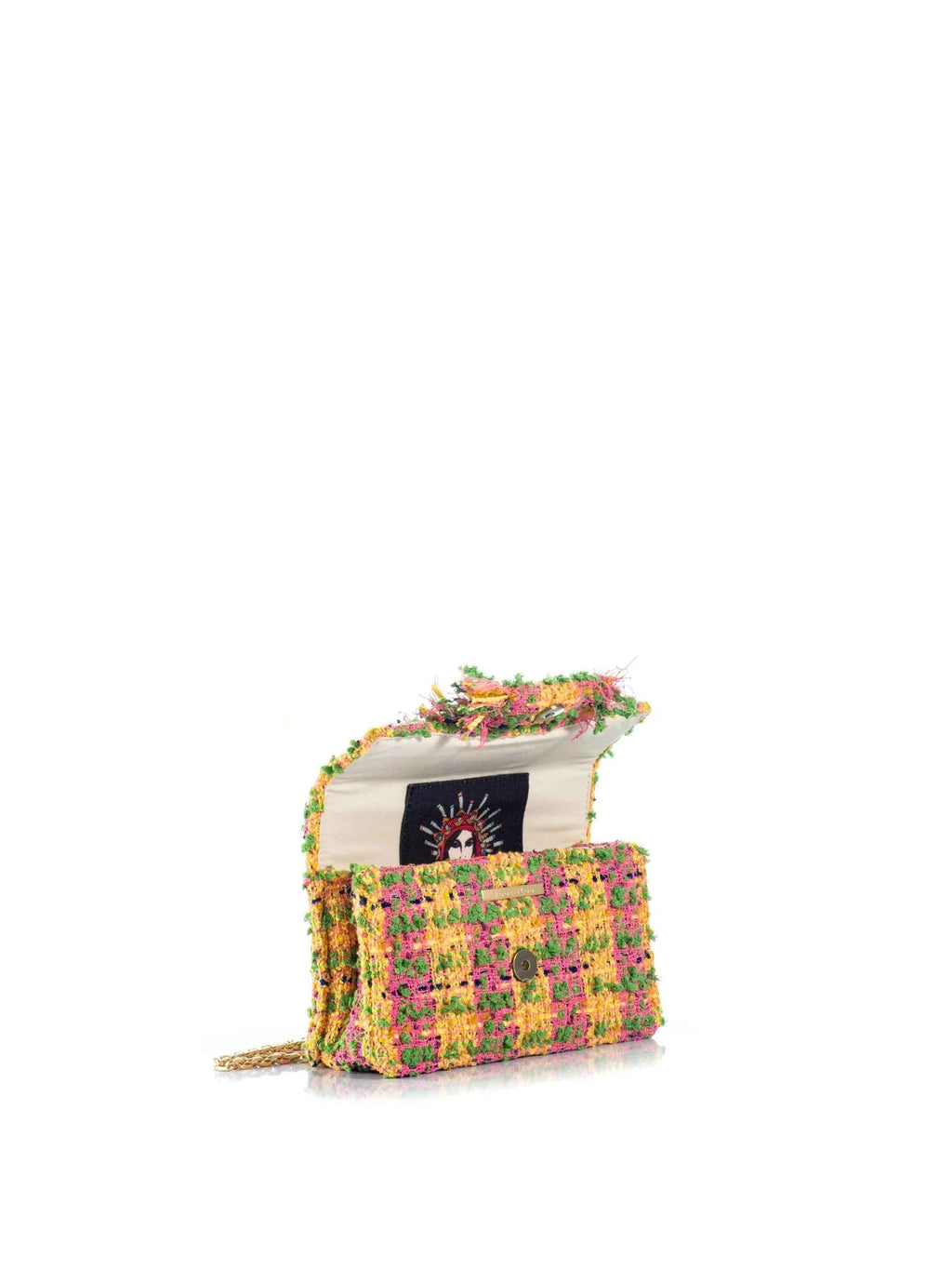 Colorful handbag with floral pattern on a white background