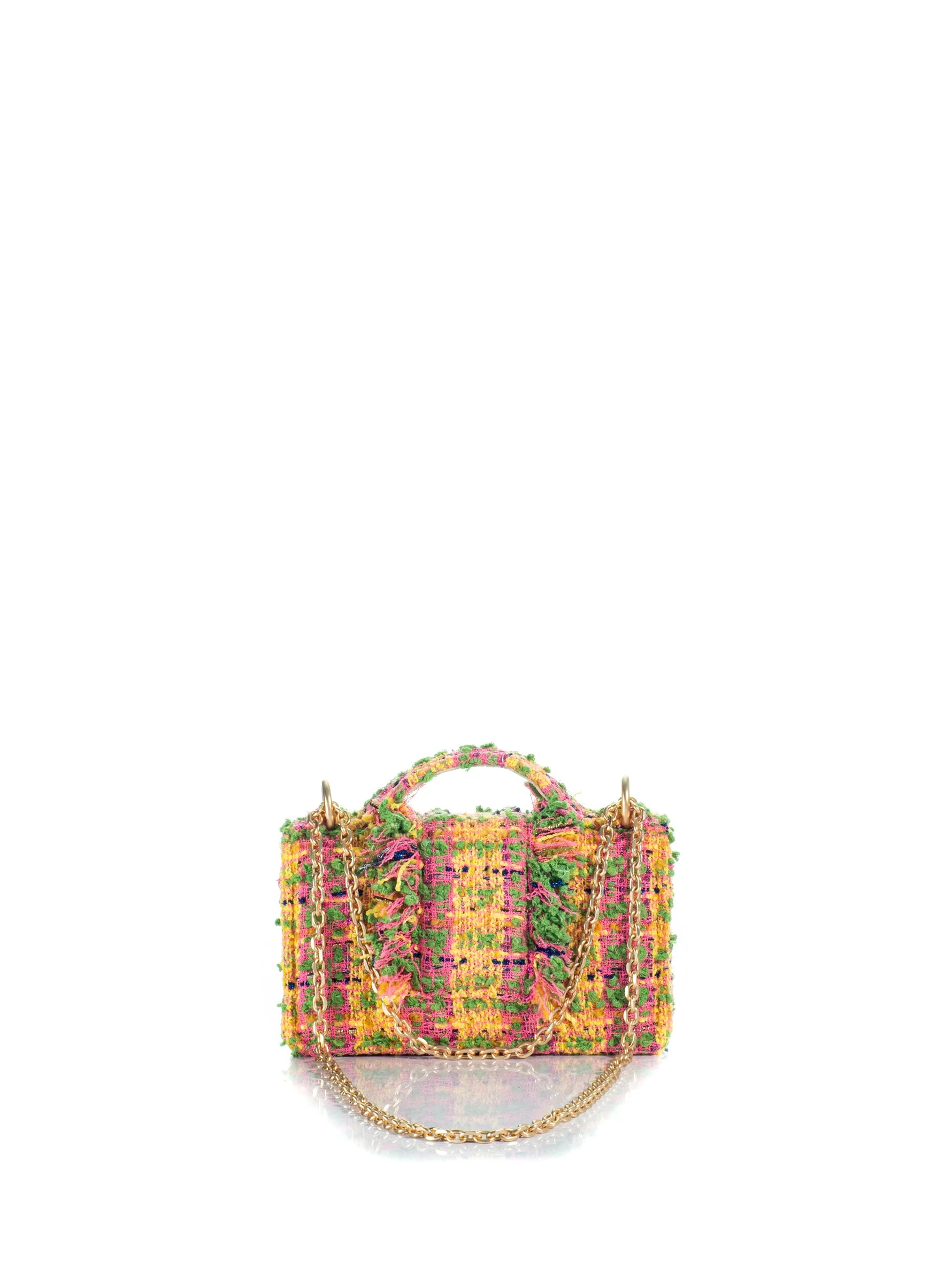 Multicolored handbag with a chain detail on a white background
