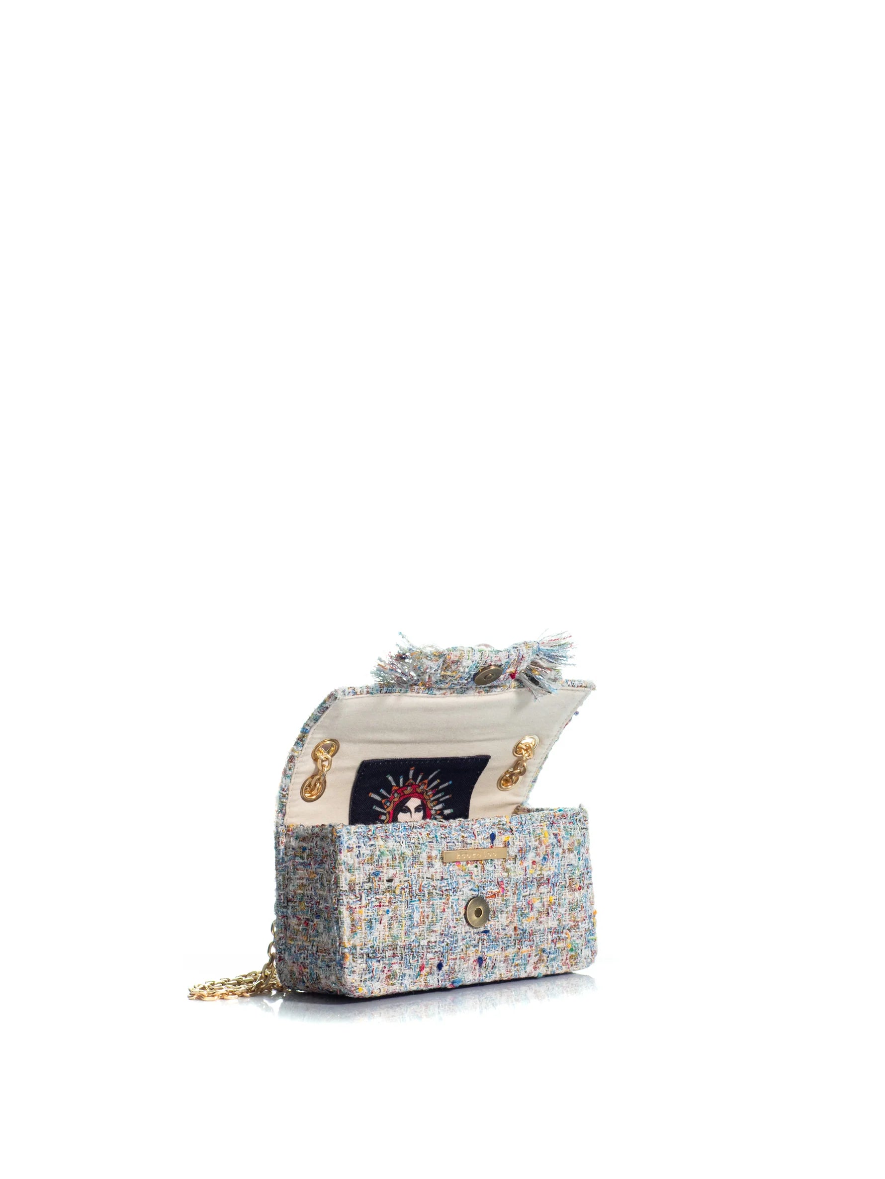 Multicolored handbag with a chain strap on a white background