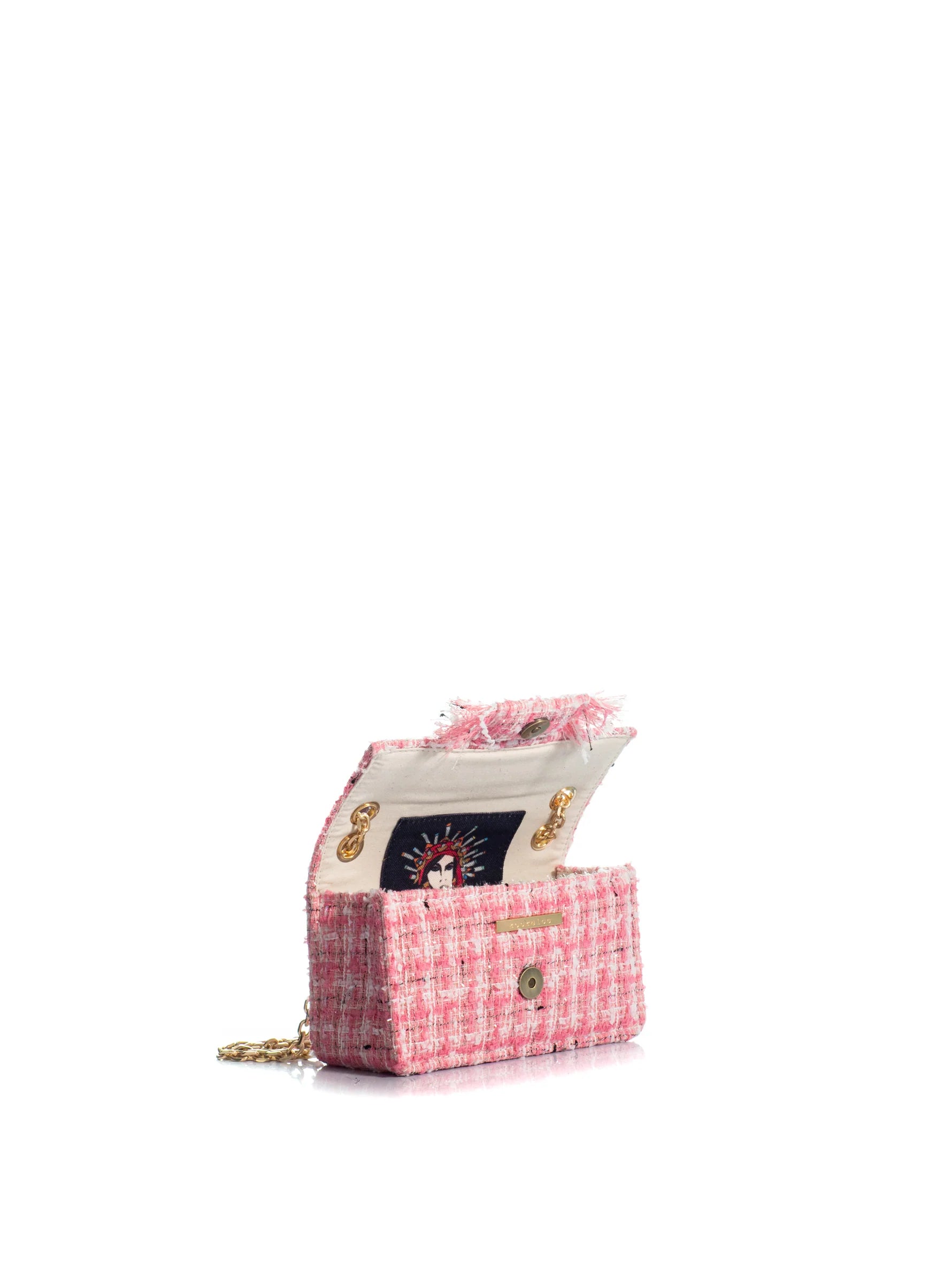 Pink checkered handbag with floral details on a white background