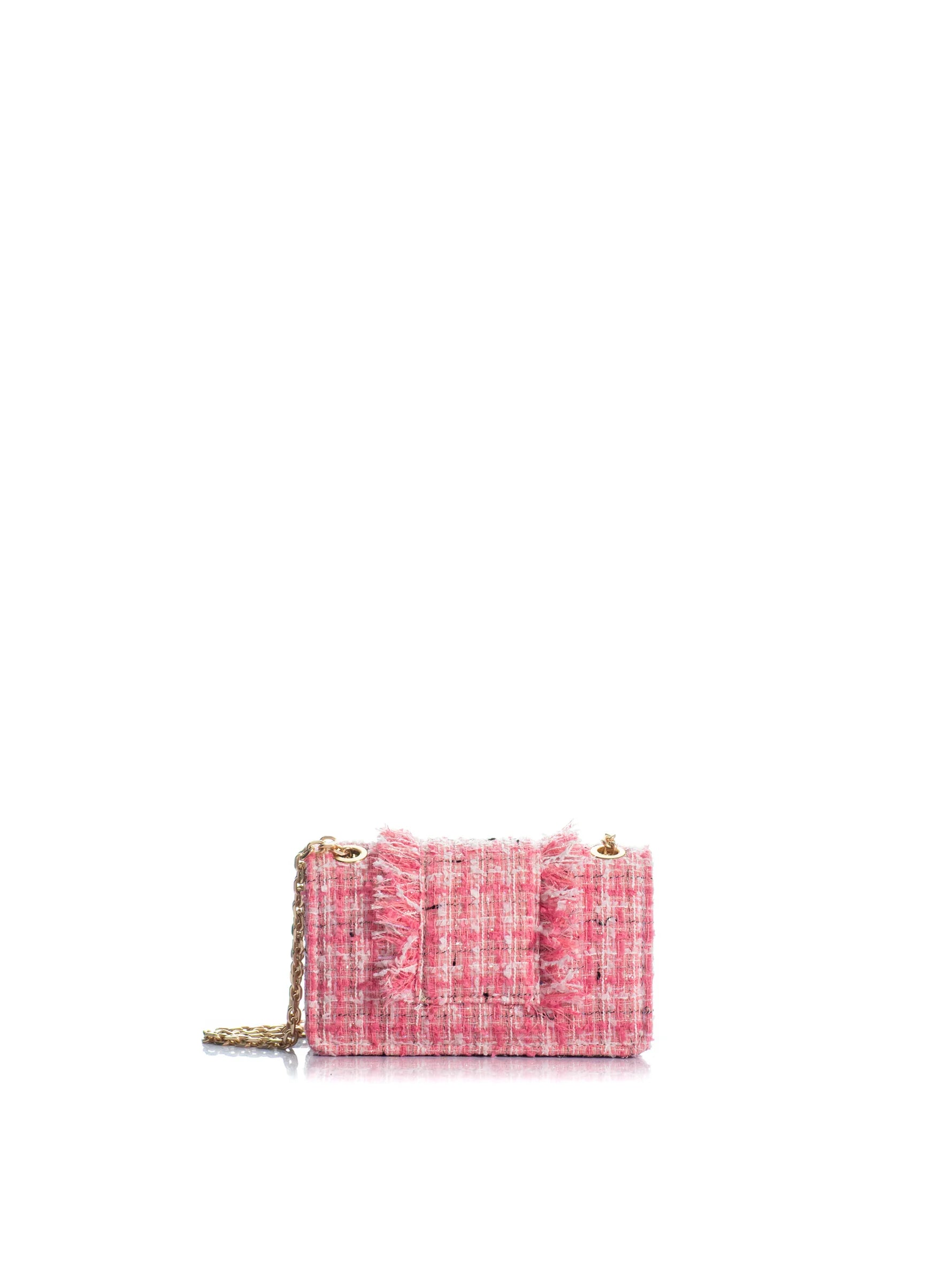 Pink tweed handbag with a chain strap on a white background