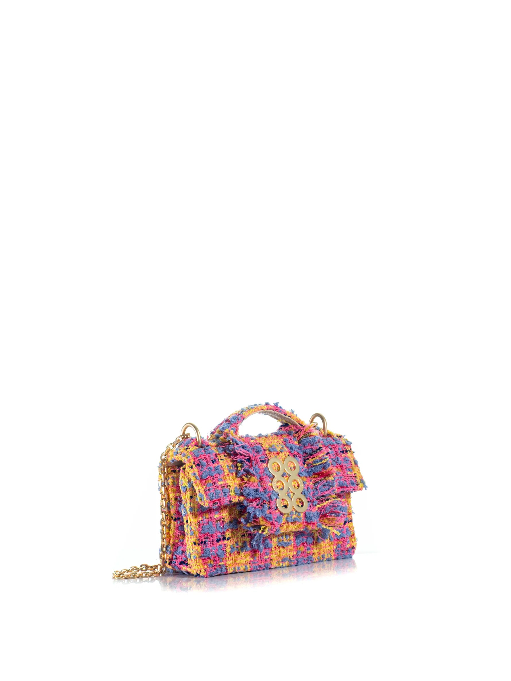 Multicolored handbag with a chain strap on a white background