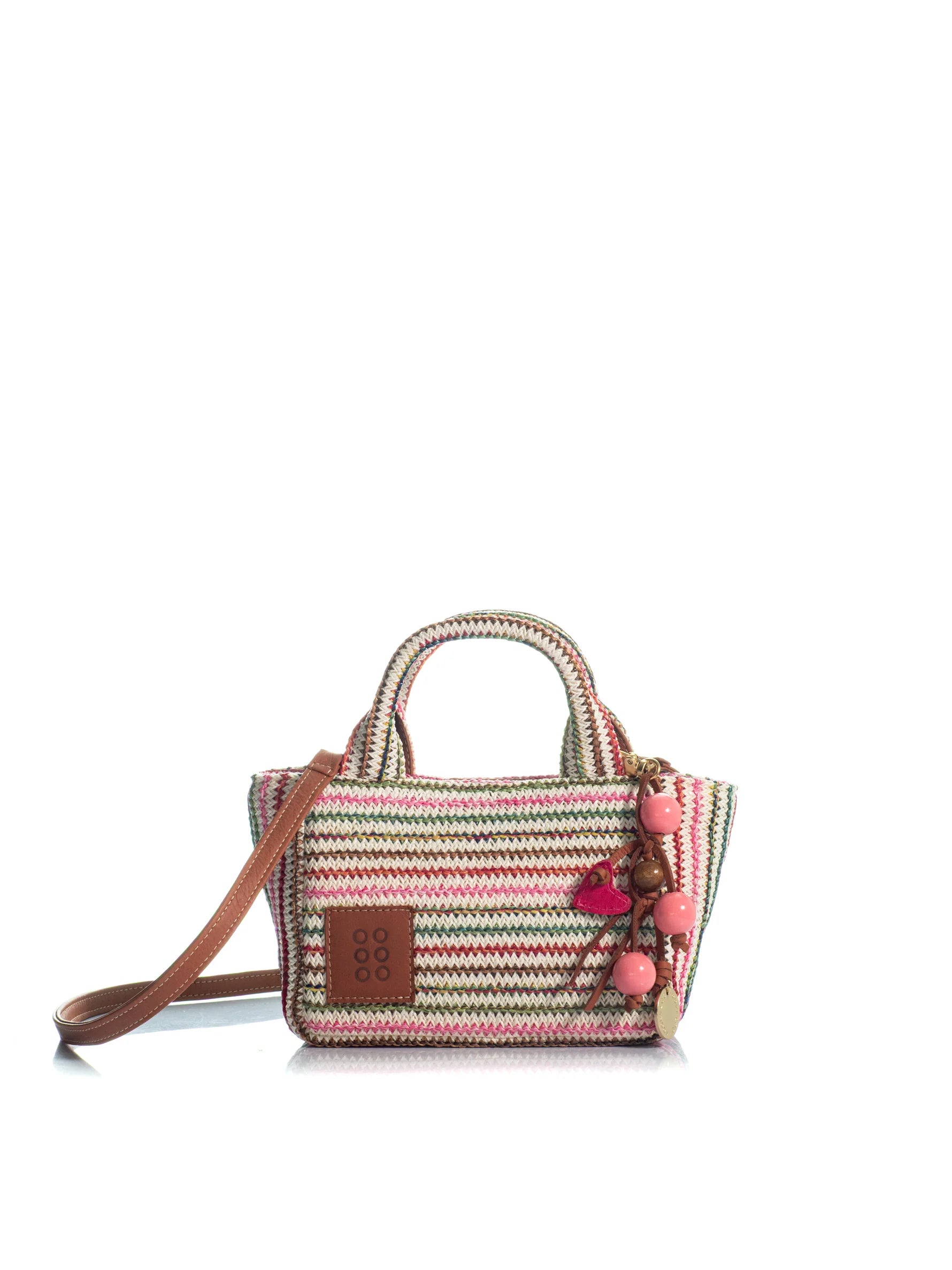 Striped handbag with pom-poms on a white background