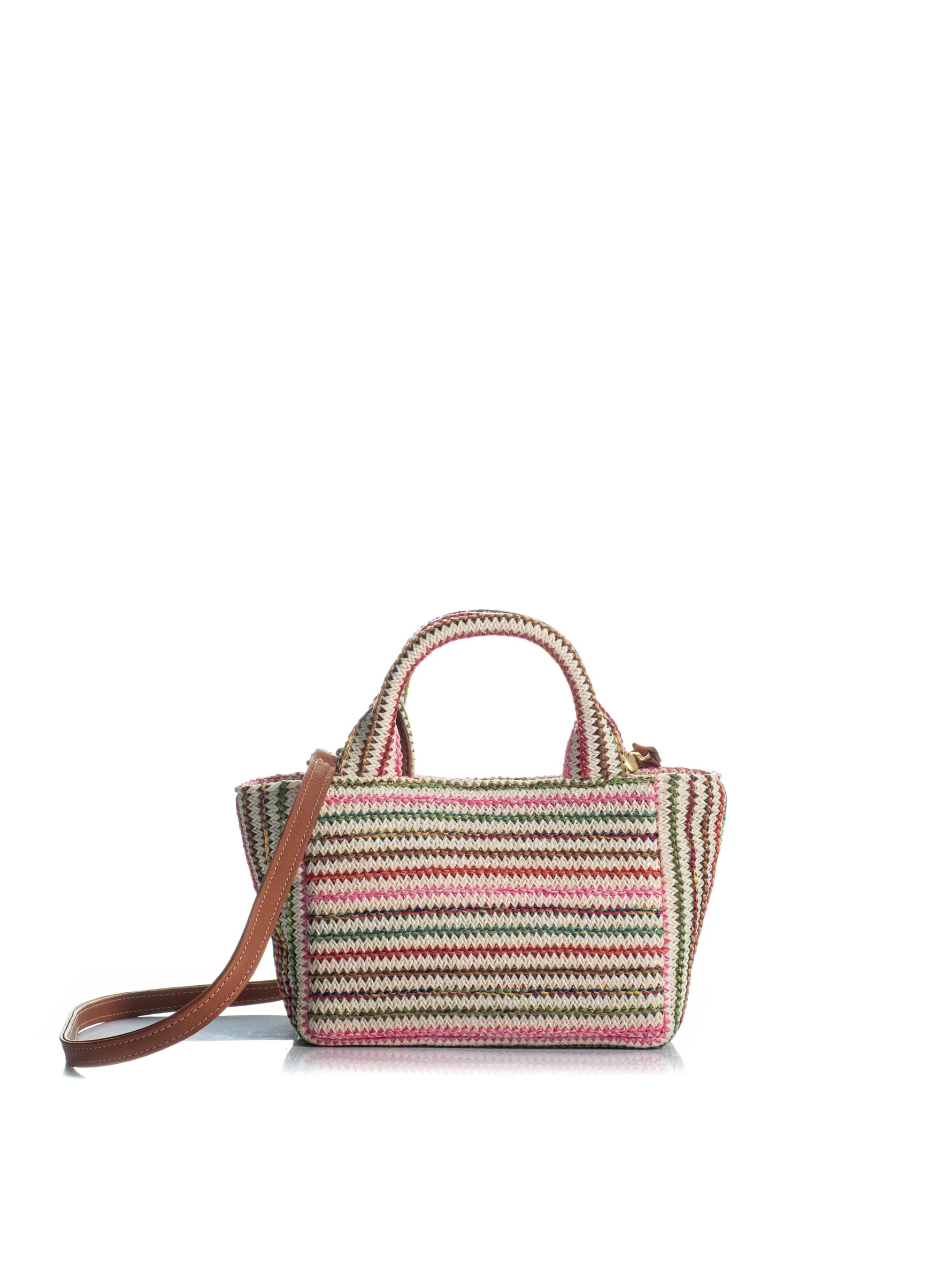 Multicolored striped handbag with a brown strap on a white background