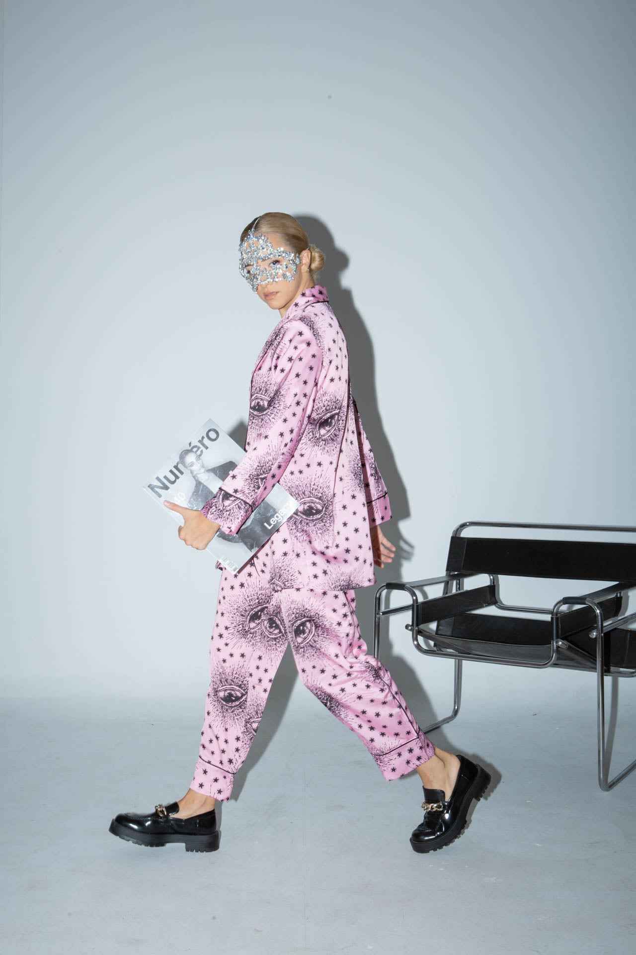 Satin ”Carrot” Light Pink & Black Eyes All Over Print Trouser