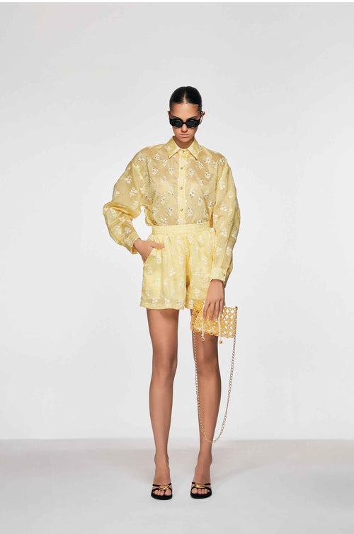 Oui Odile Lisa yellow sheer organza shirt and shorts co-ord set with white daisy floral embroidery