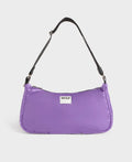 Purple handbag with a black strap on a light gray background