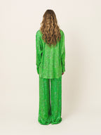 Person wearing a green patterned outfit on a white background