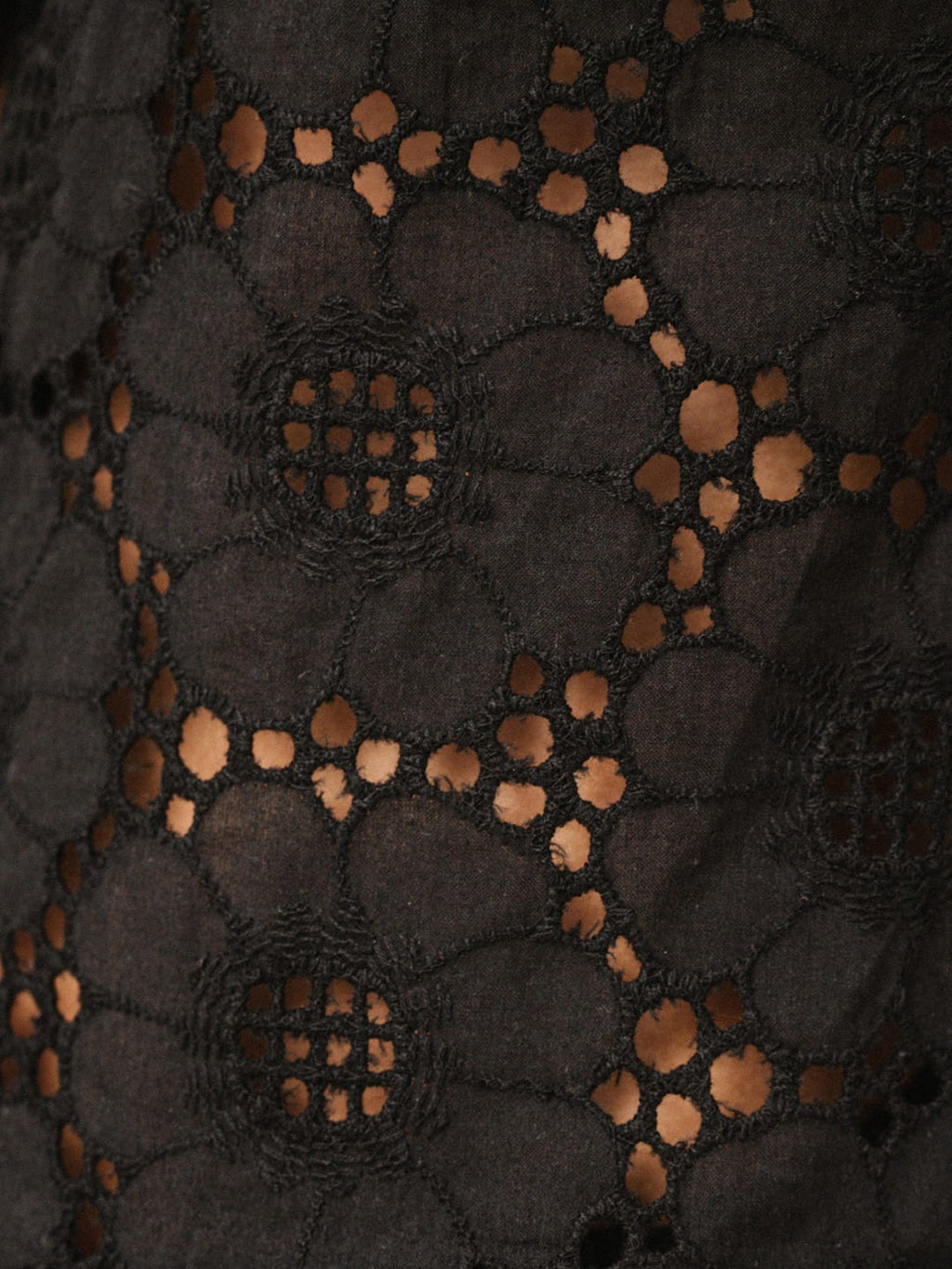 Close-up of a black lace fabric with an intricate floral pattern and cut-out details showing a warm brown background.