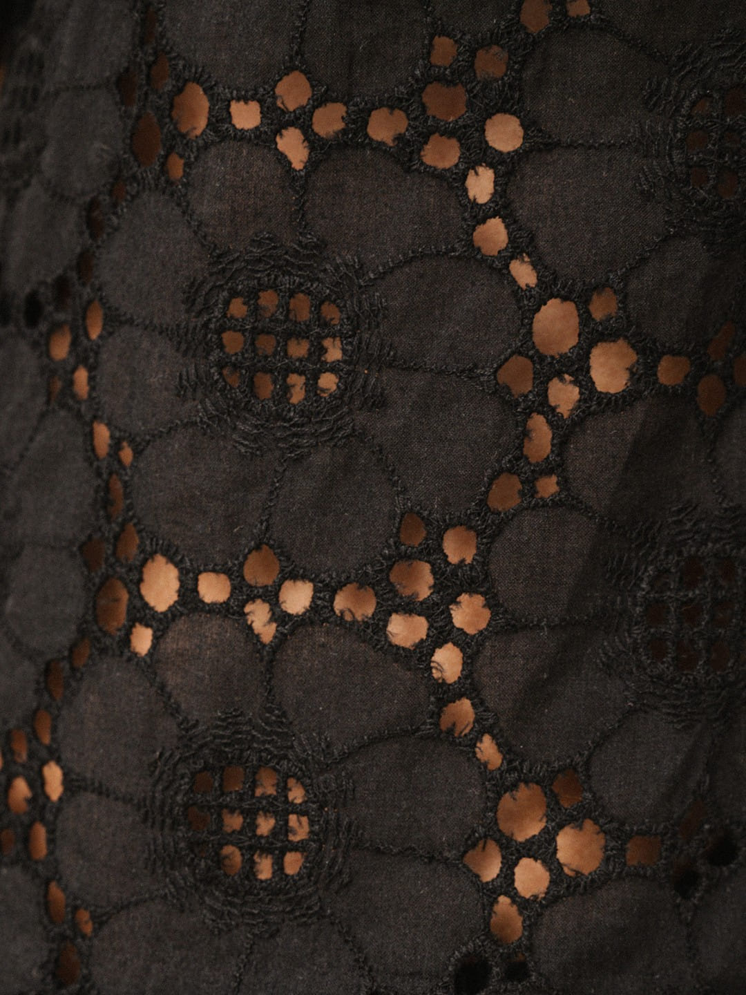Close-up of a black lace fabric with an intricate floral pattern and cut-out details showing a warm brown background.