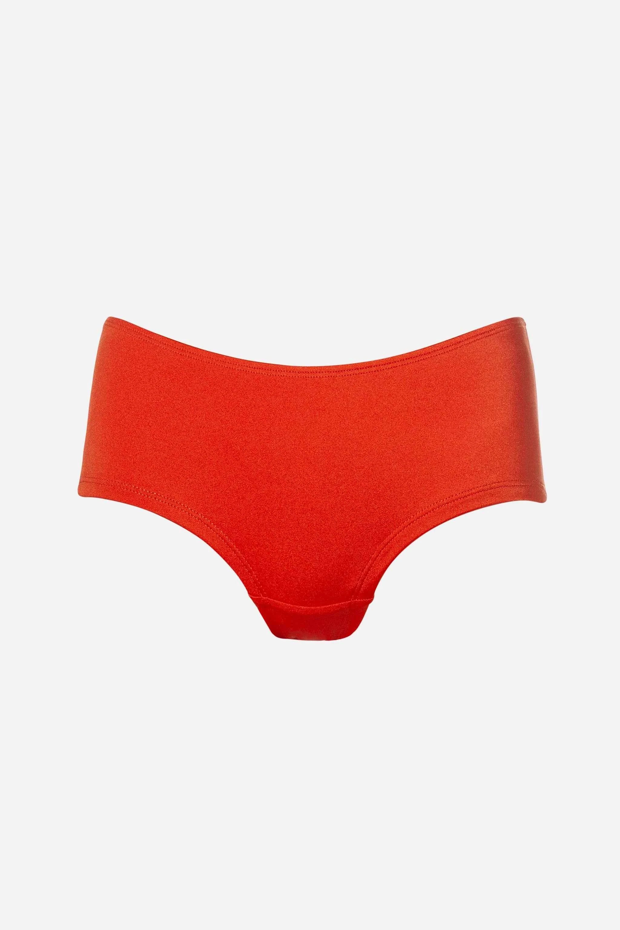Red high-waisted bikini bottom on a white background