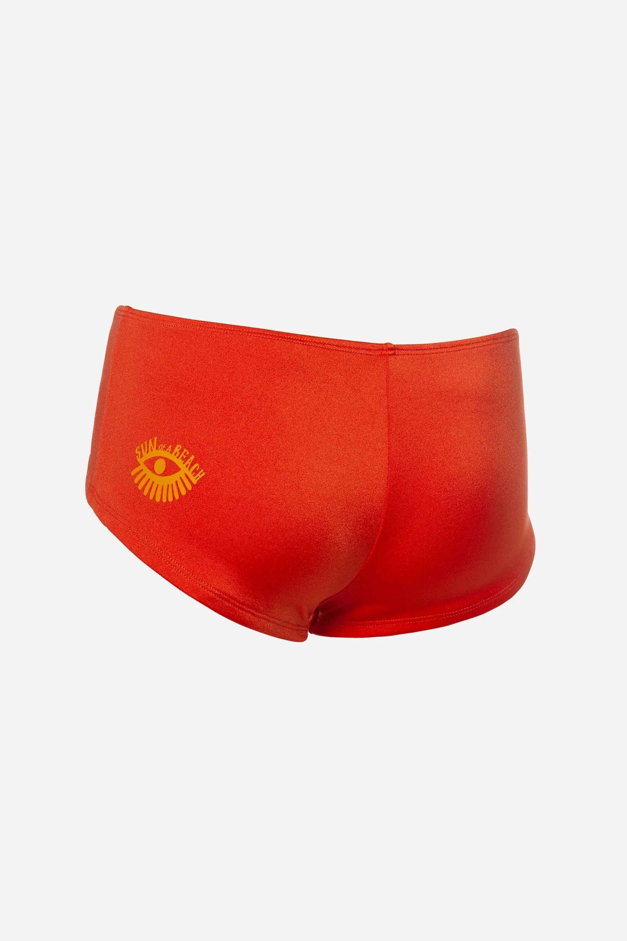 Orange swim shorts with a yellow logo on a white background