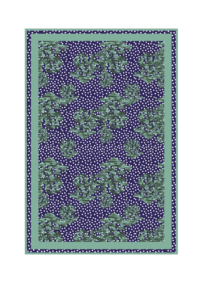 Patterned fabric with green and purple design on a white background