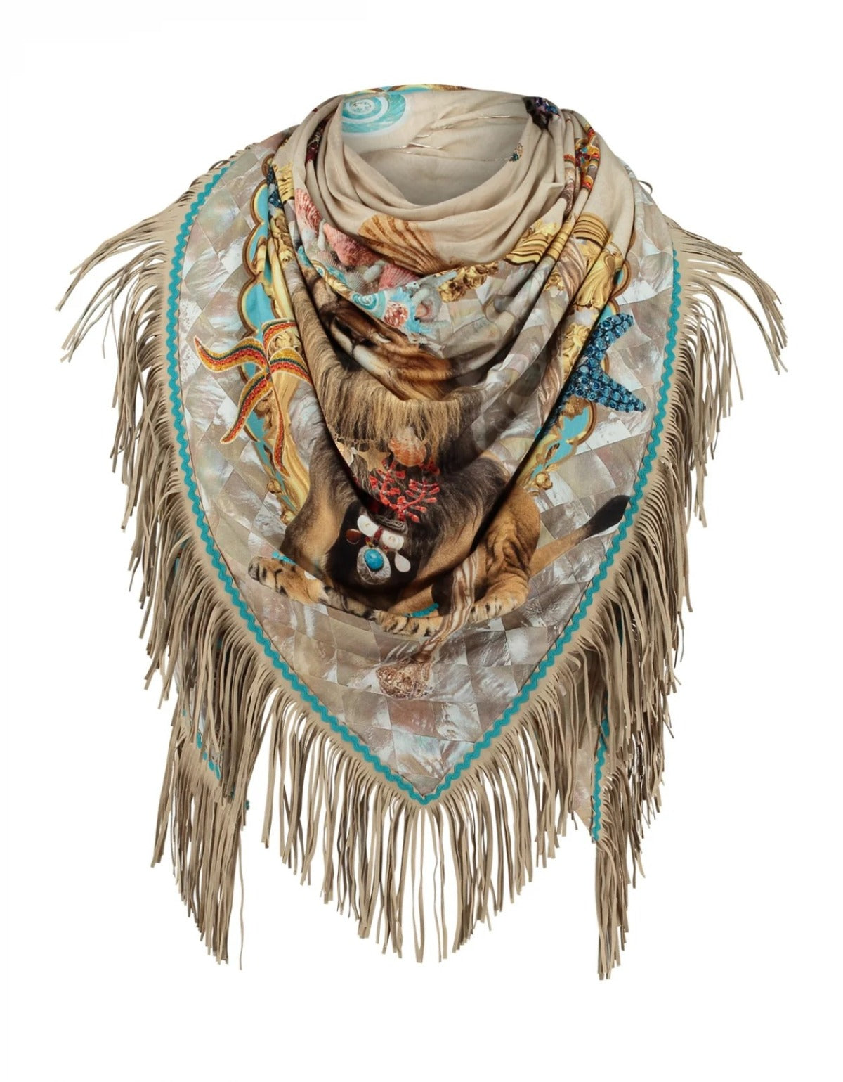 Scarf with fringe and animal print on a white background