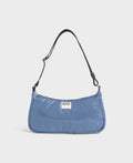 Blue shoulder bag with a visible brand label on a white background