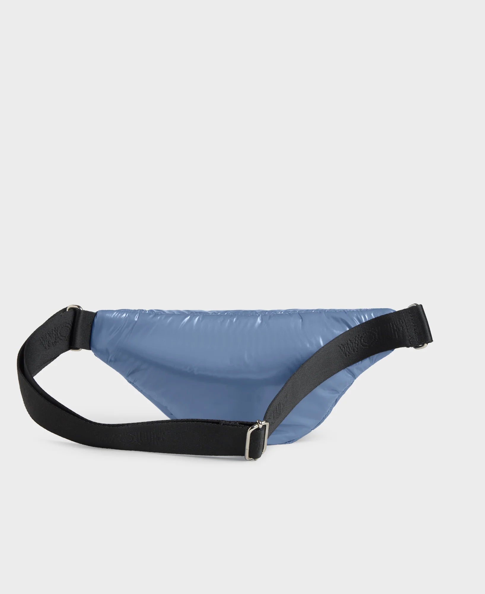 Blue waist bag with a black strap on a light gray background