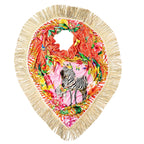 Decorative wall hanging with zebra design and colorful patterns on a white background