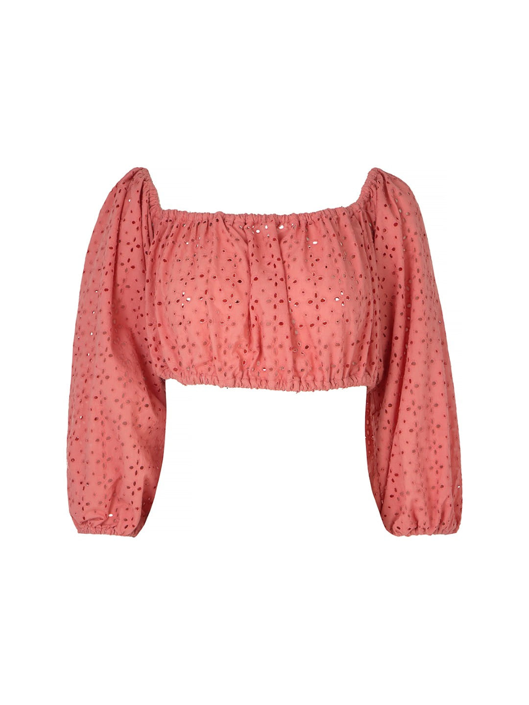 A dusty rose pink eyelet crop top with long puff sleeves and a square neckline, shown against a plain white background.