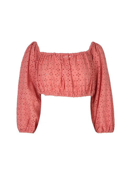 A dusty rose pink eyelet crop top with long puff sleeves and a square neckline, shown against a plain white background.