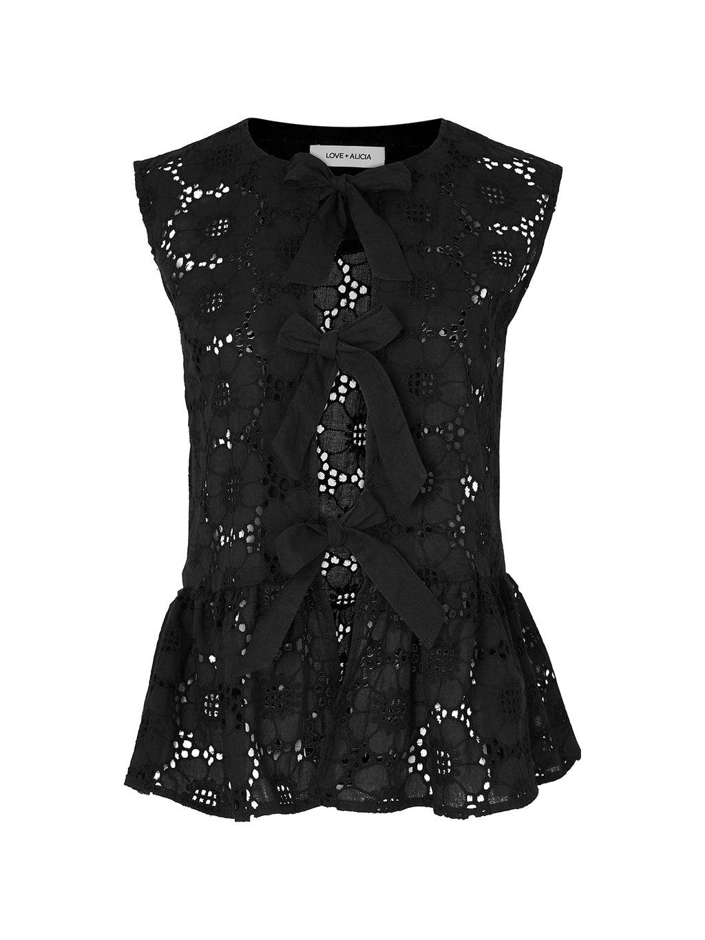 A sleeveless black lace top with a ruffled peplum hem, featuring a large bow at the neckline and a matching bow tie detail down the front, shown against a plain white background.