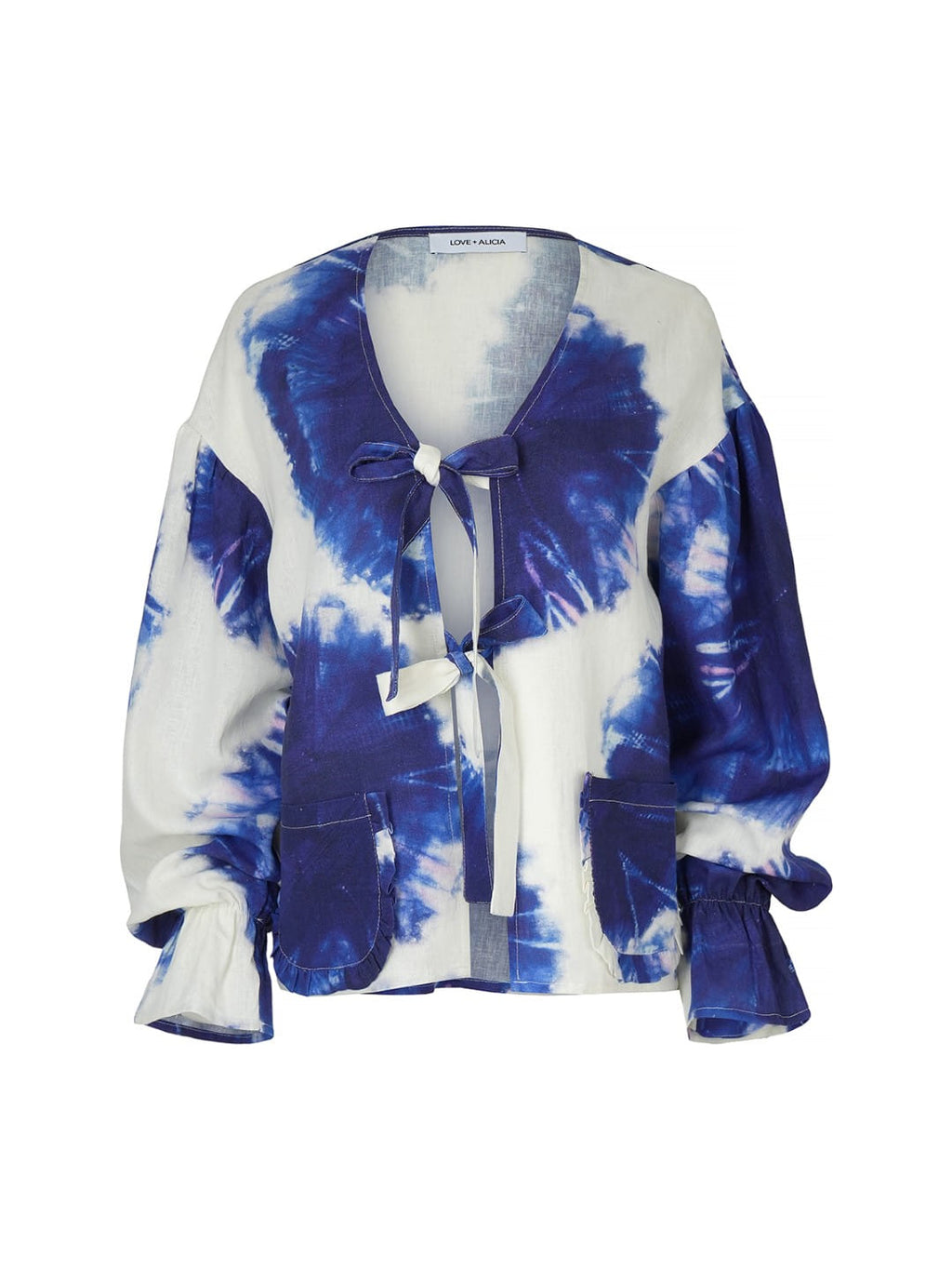 A women's long-sleeve tie-dye cardigan in blue and white, featuring a V-neckline, front tie closures, and front patch pockets, shown against a plain white background.
