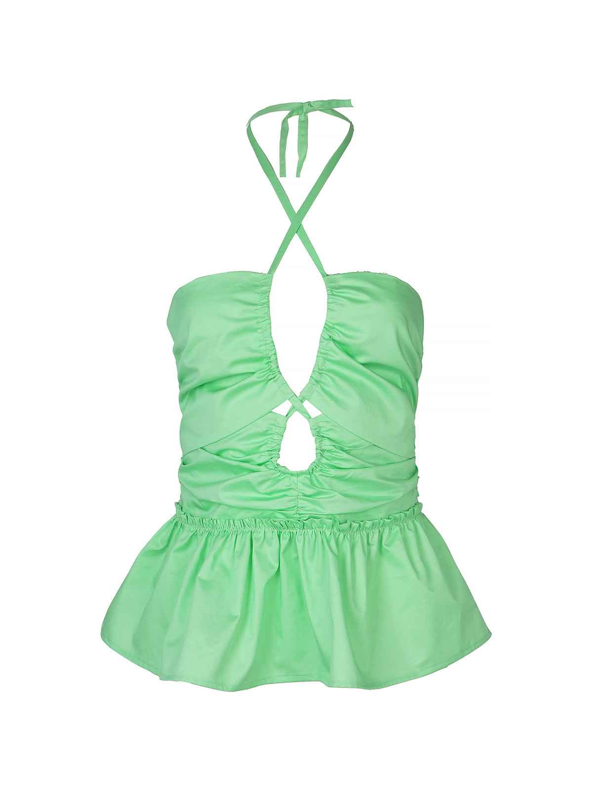Green swimsuit top with halter neck and ruched waist on a white background
