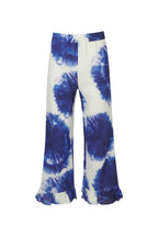 Blue and white tie-dye pants on a white background