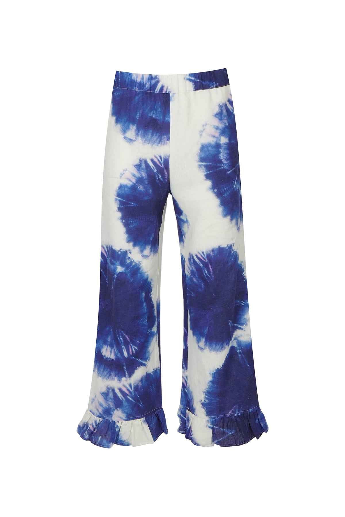 Blue and white tie-dye pants on a white background