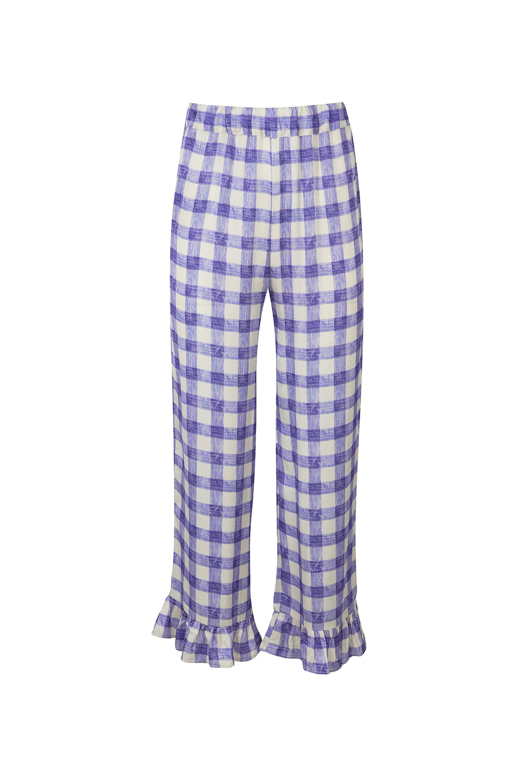 Purple and white checkered pants on a white background