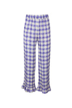 Purple and white checkered pants on a white background