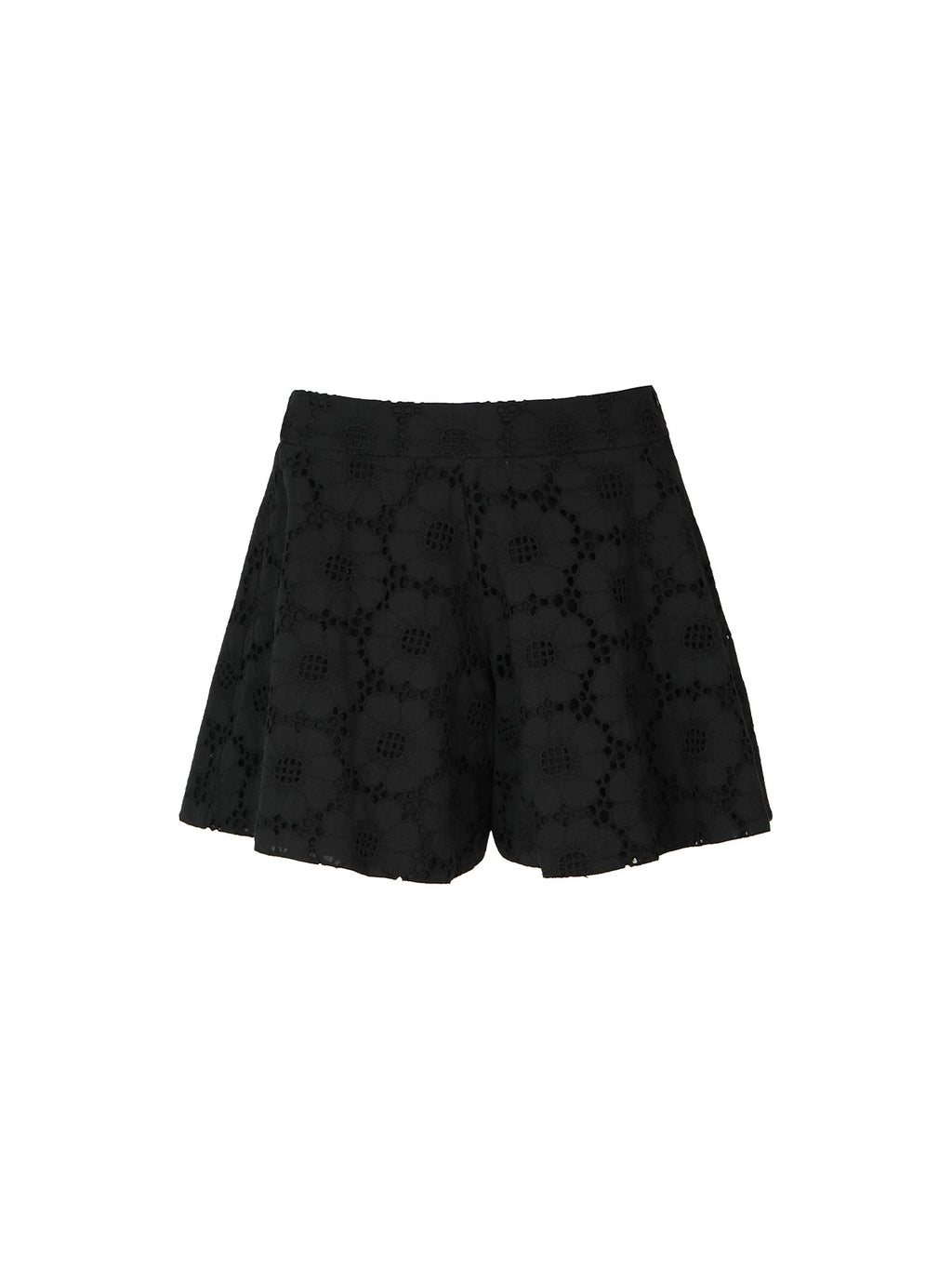Black lace shorts with a geometric floral pattern, displayed flat against a solid white background.