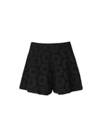 Black lace shorts with a geometric floral pattern, displayed flat against a solid white background.