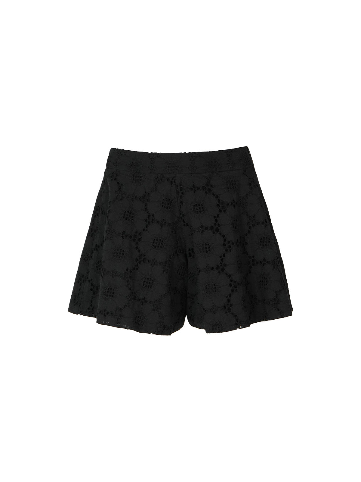 Black lace shorts with a geometric floral pattern, displayed flat against a solid white background.
