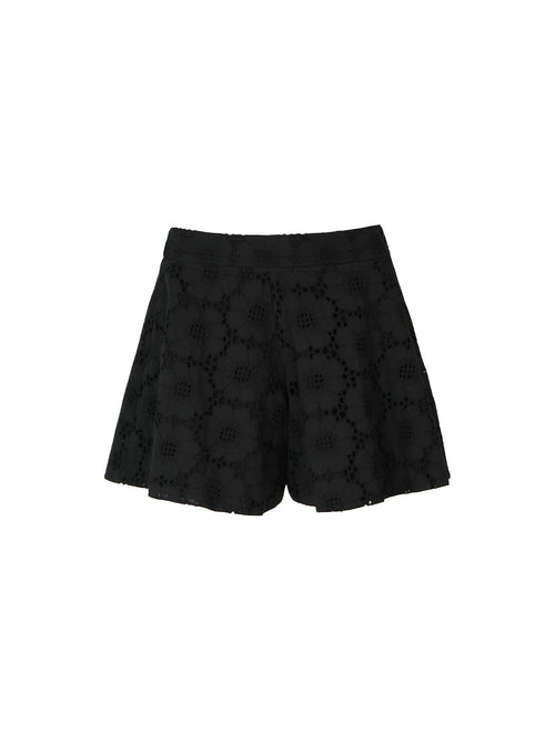 Black lace shorts with a geometric floral pattern, displayed flat against a solid white background.