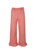A pair of wide-leg cropped pants in a dusty rose pink fabric with a small geometric dot pattern and ruffled hems, shown against a plain white background.