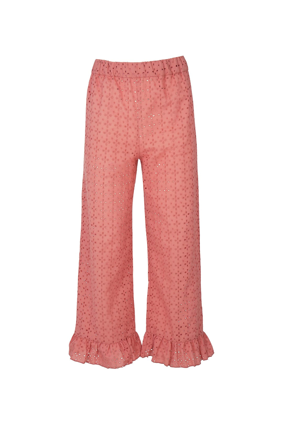 A pair of wide-leg cropped pants in a dusty rose pink fabric with a small geometric dot pattern and ruffled hems, shown against a plain white background.
