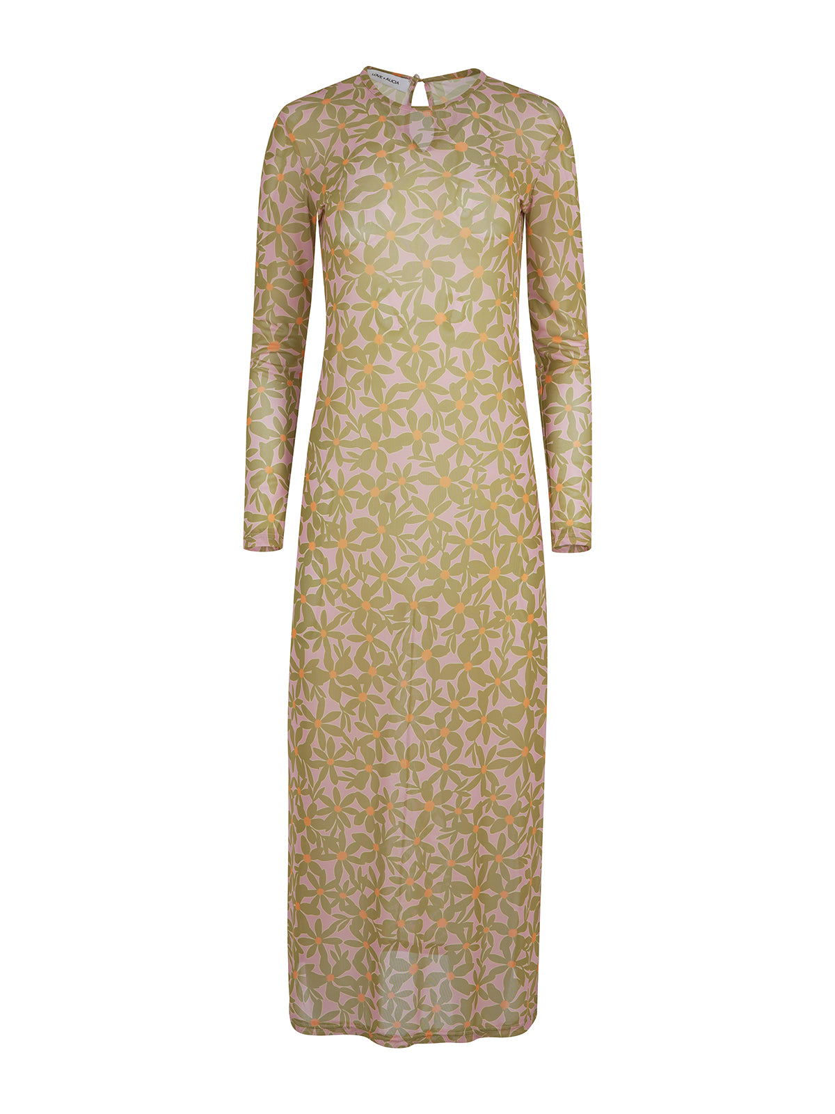 Long-sleeve dress with a floral pattern on a white background
