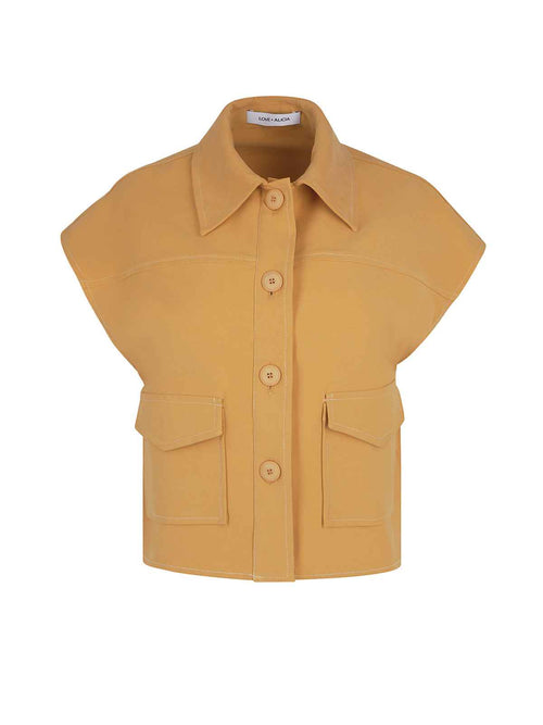 Yellow sleeveless jacket with button details on a white background