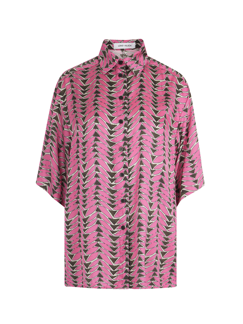 Pink and black patterned shirt on a white background