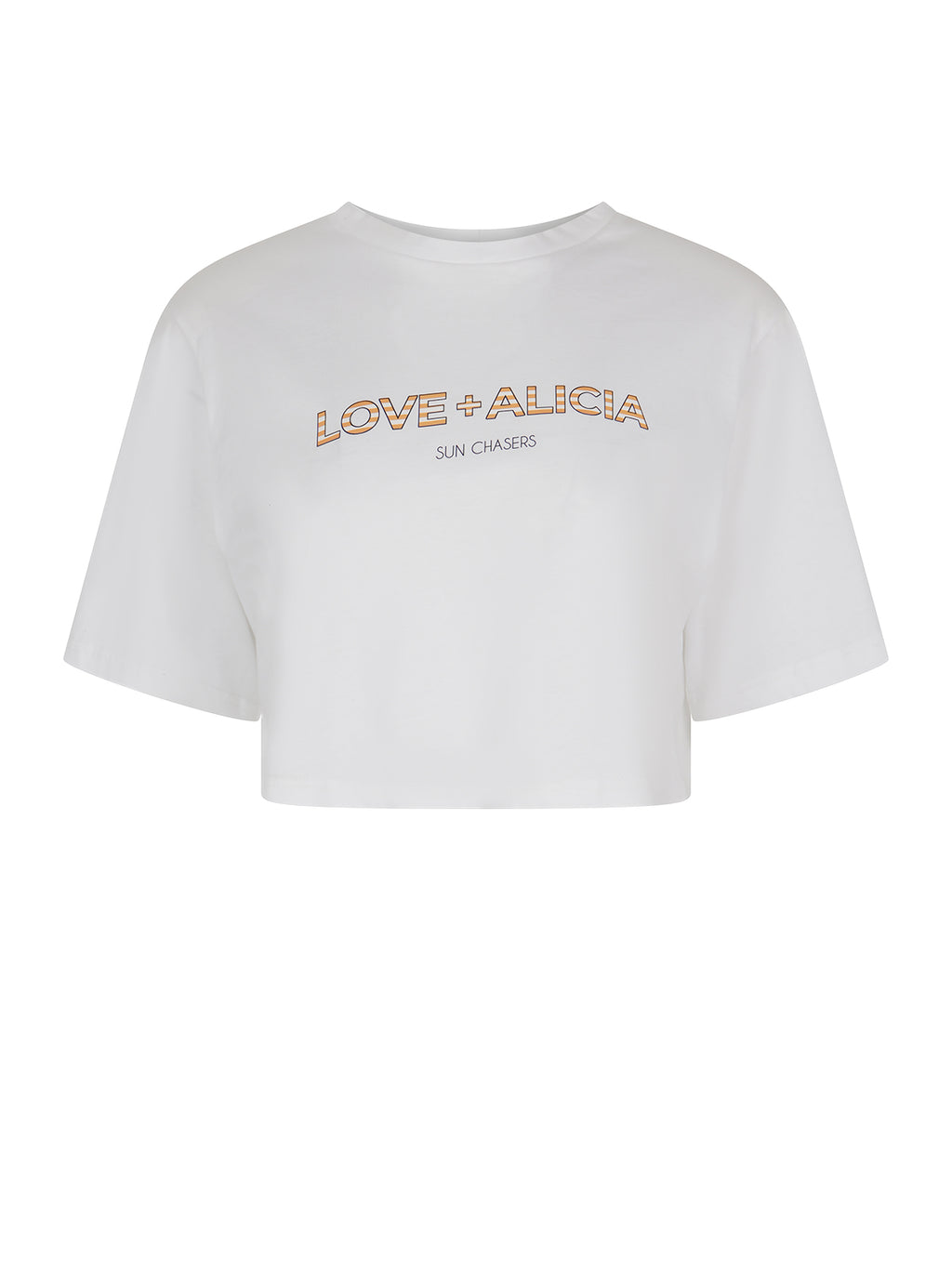 White t-shirt with 'LOVE + ALICIA' text on a white background