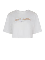 White t-shirt with 'LOVE + ALICIA' text on a white background