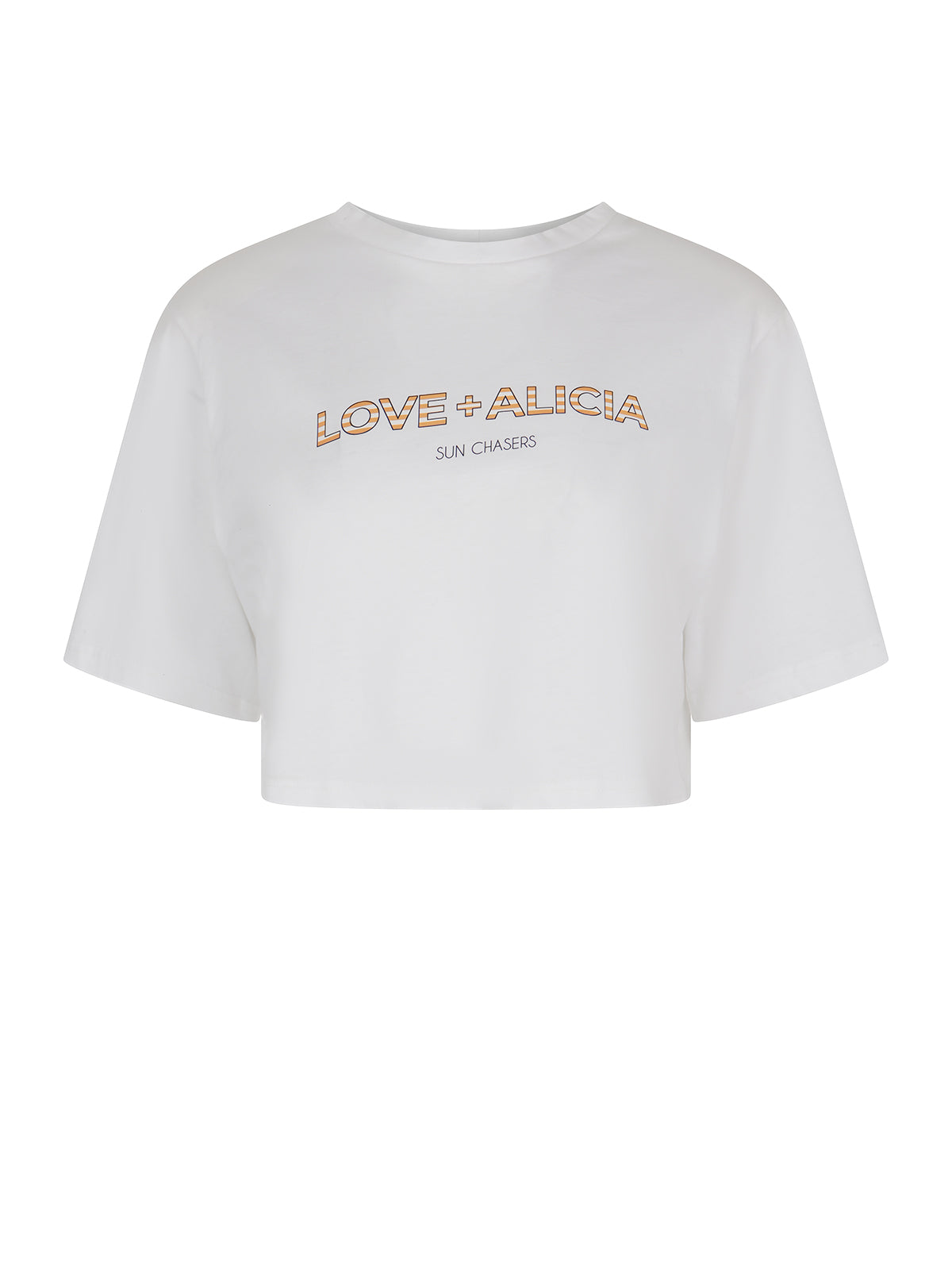 White t-shirt with 'LOVE + ALICIA' text on a white background