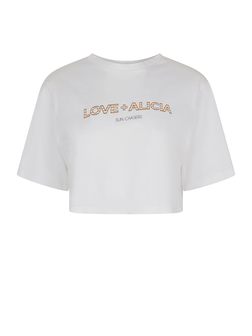 White t-shirt with 'LOVE + ALICIA' text on a white background
