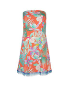 Floral strapless dress with colorful pattern on a white background
