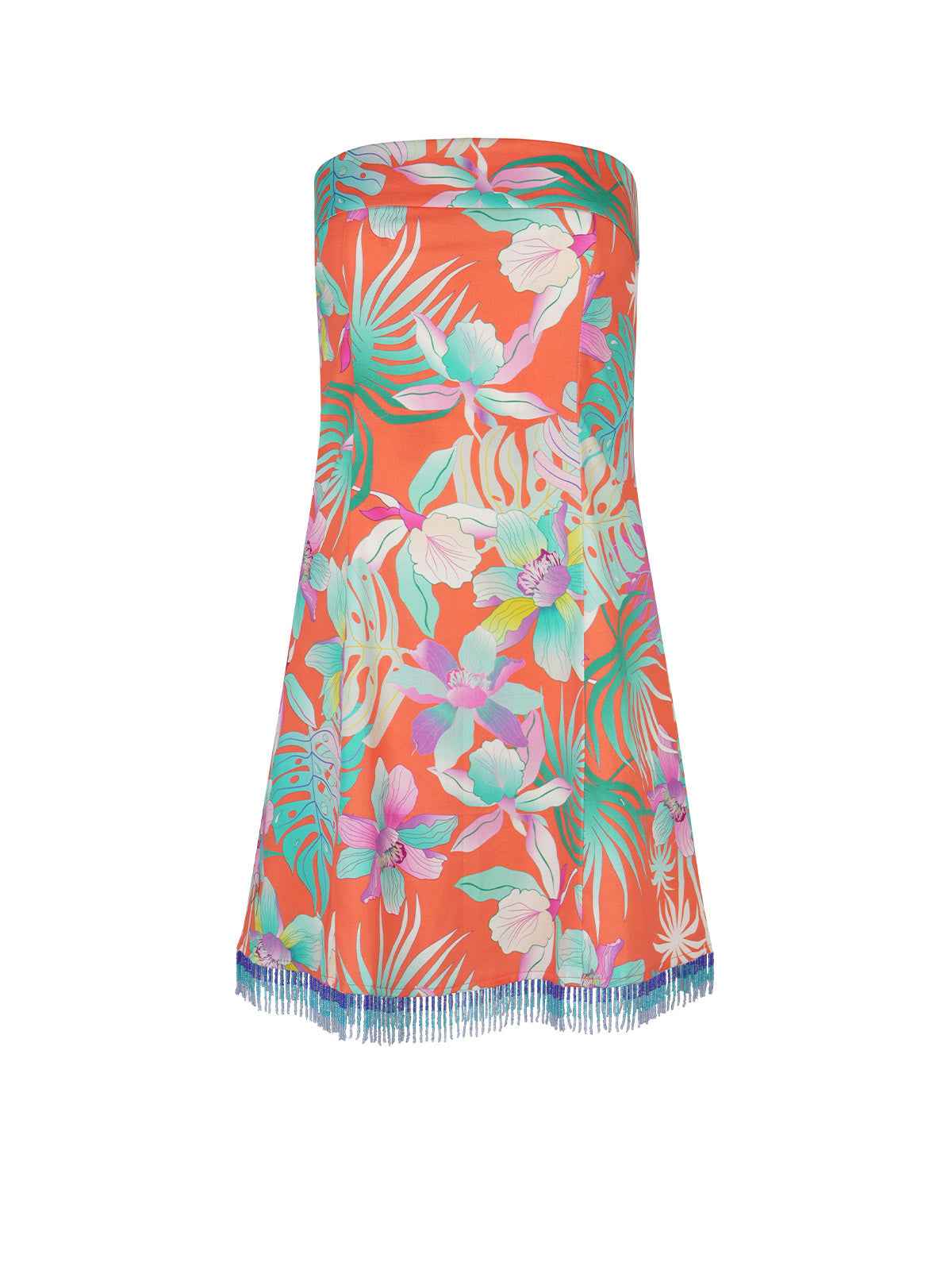 Floral strapless dress with colorful pattern on a white background
