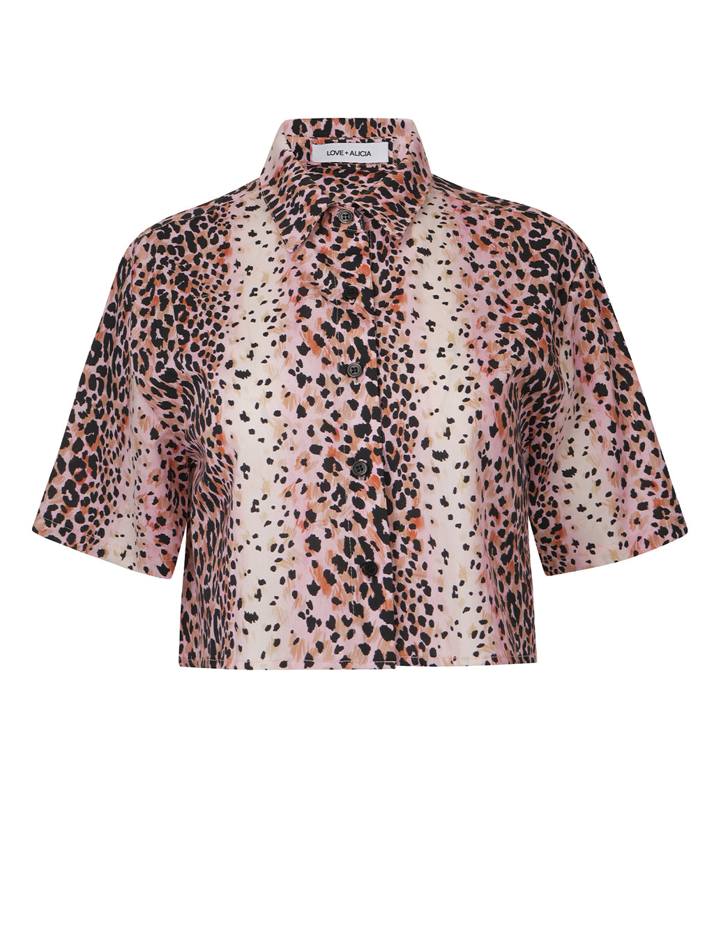 Short-sleeve blouse with leopard print on a white background
