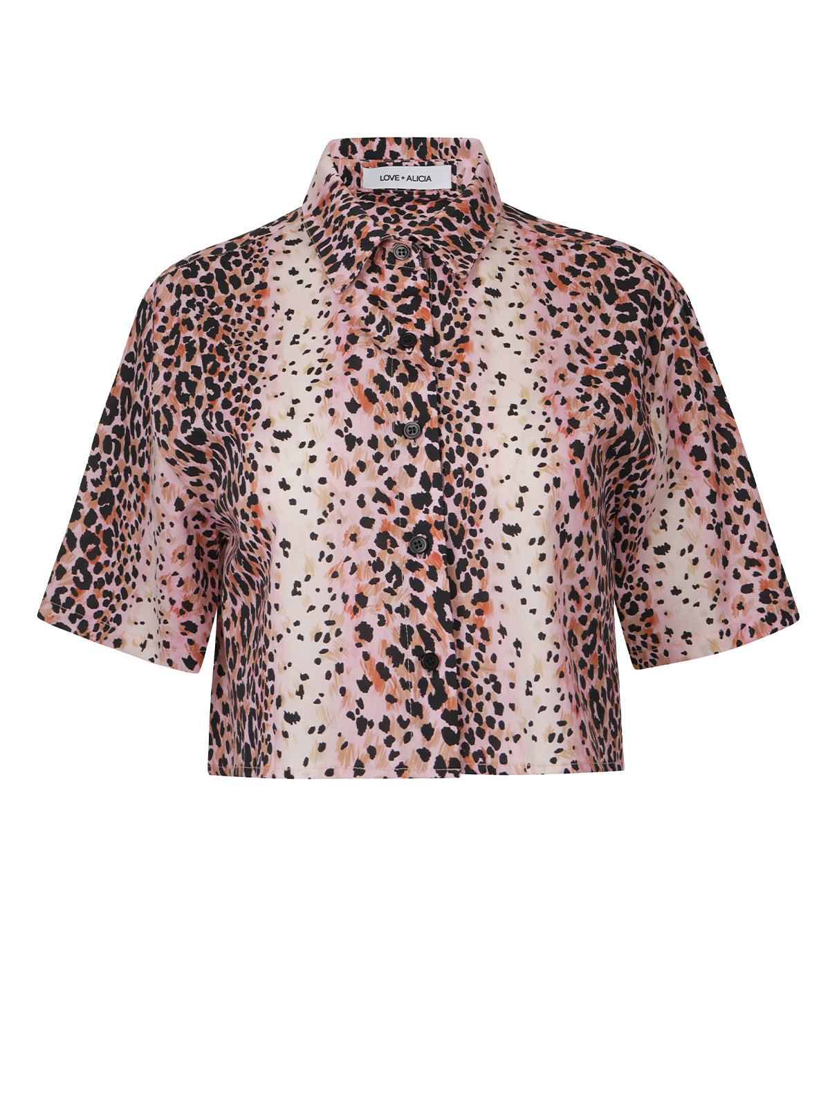 Short-sleeve blouse with leopard print on a white background
